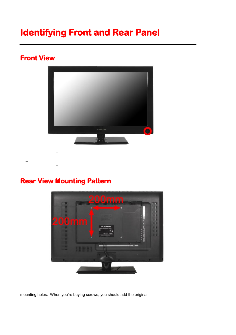 Identifying front and rear panel, Front view, Rear view mounting pattern | Sceptre X325BV-FHDU User Manual | Page 10 / 52