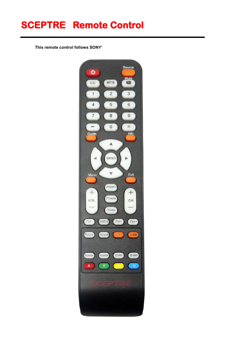 Sceptre x325 remote control, Sceptre remote control | Sceptre X325BV-FHDU User Manual | Page 14 / 52