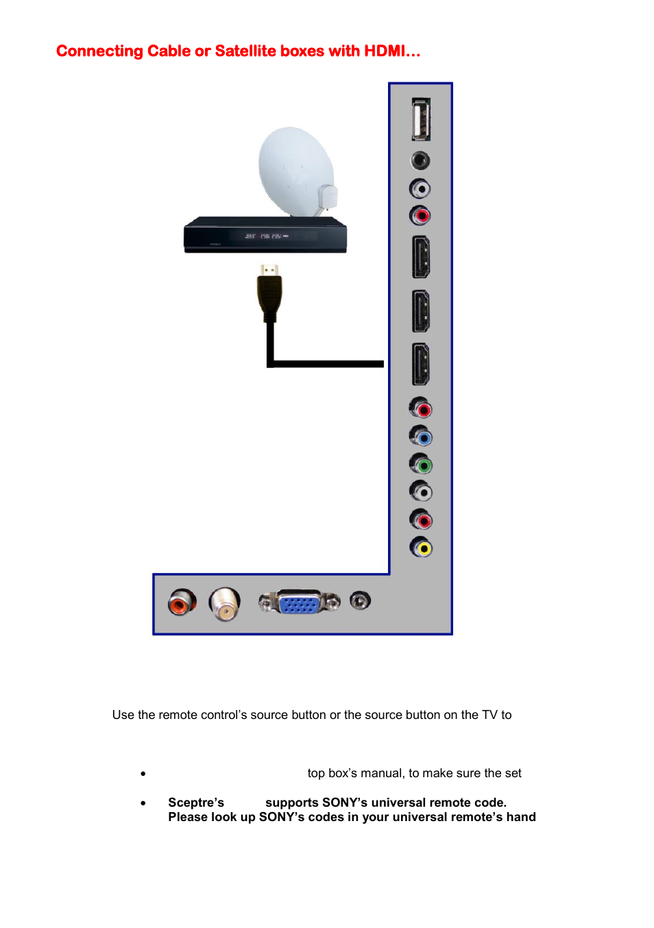 Connecting cable or satellite boxes with hdmi | Sceptre X325BV-FHDU User Manual | Page 20 / 52