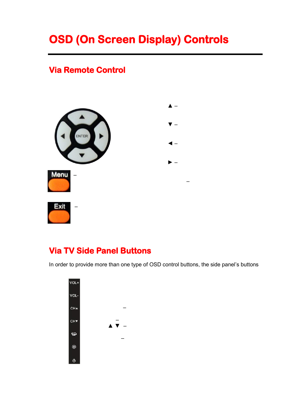 Osd (on screen display) controls, Via remote control, Via tv side panel buttons | Sceptre X325BV-FHDU User Manual | Page 25 / 52