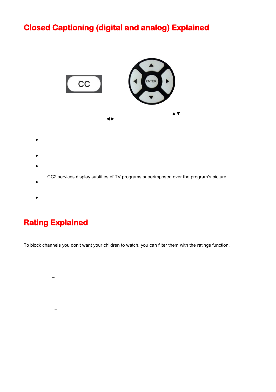 Closed captioning (digital and analog) explained, Rating explained | Sceptre X325BV-FHDU User Manual | Page 38 / 52