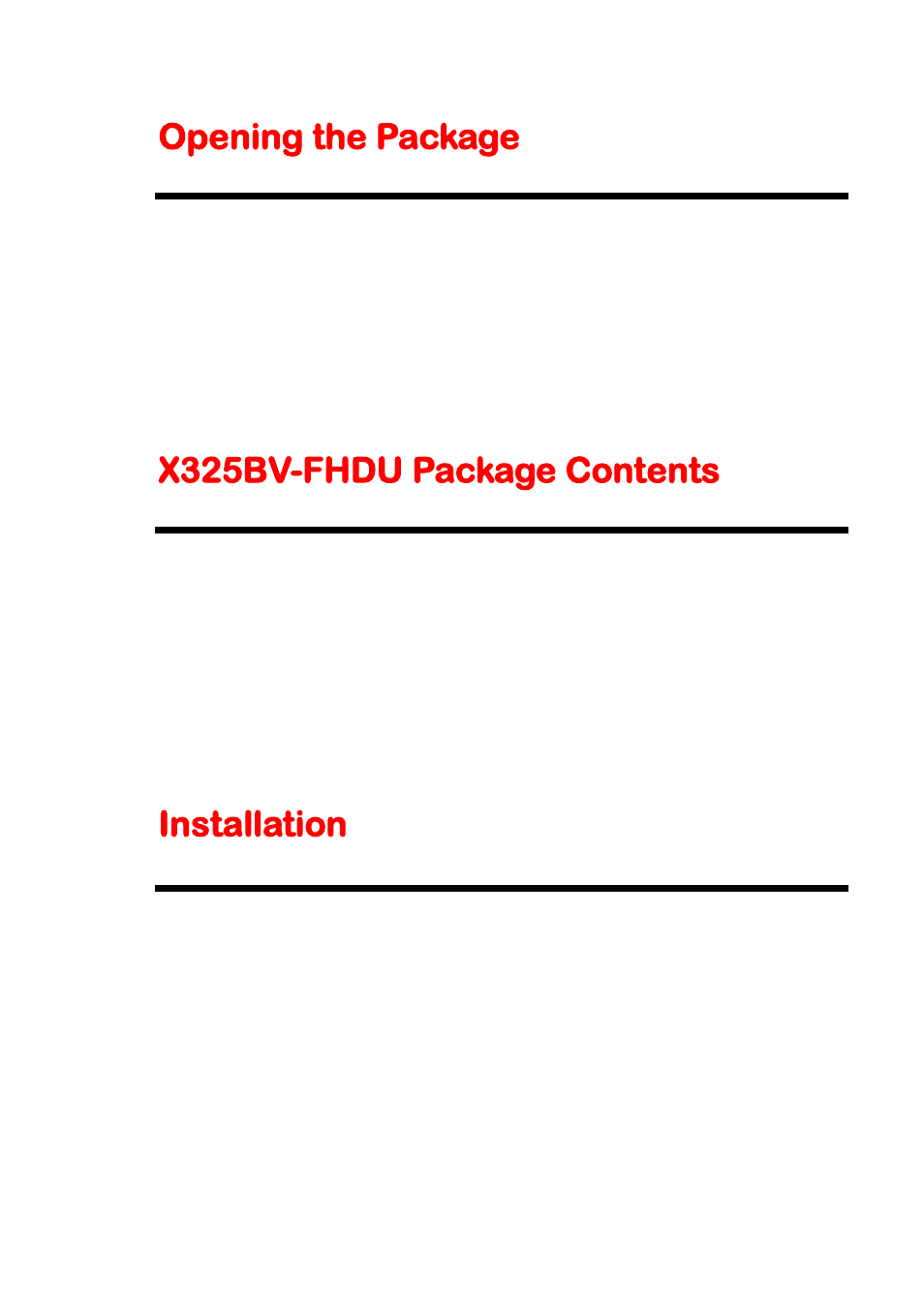 Opening the package, X325bv-fhdu package contents, Installation | Sceptre X325BV-FHDU User Manual | Page 7 / 52