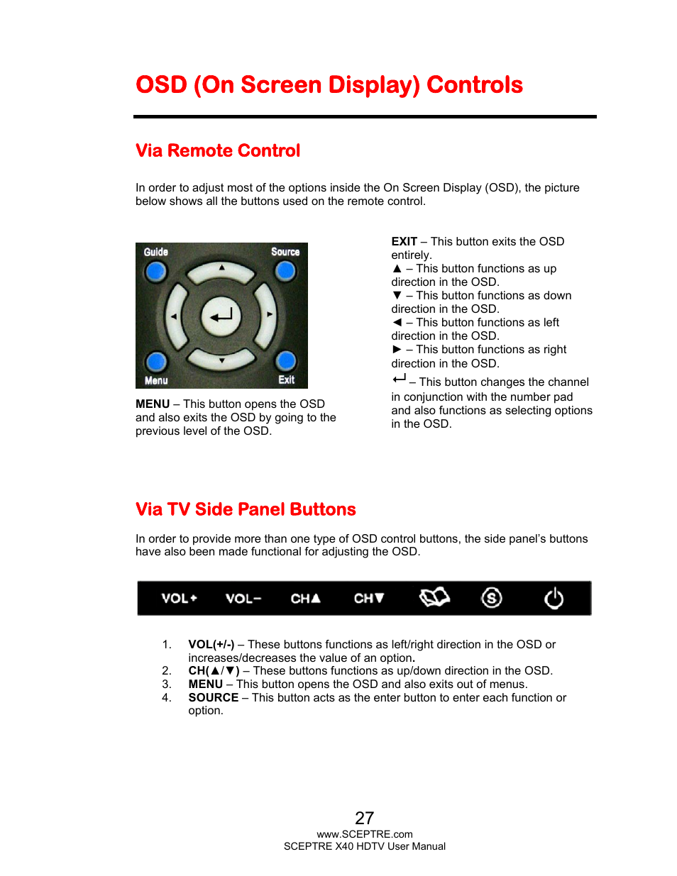 Osd (on screen display) controls, Via remote control, Via tv side panel buttons | Sceptre X402BV-FHD User Manual | Page 27 / 56