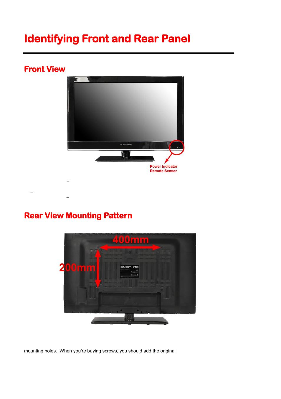 Identifying front and rear panel, Front view, Rear view mounting pattern | Sceptre X405BV-FHD3 User Manual | Page 10 / 51