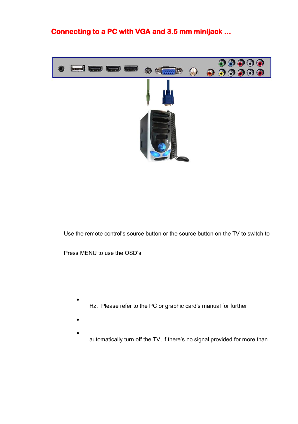 Connecting to a pc with vga and 3.5 mm minijack | Sceptre X405BV-FHD3 User Manual | Page 19 / 51