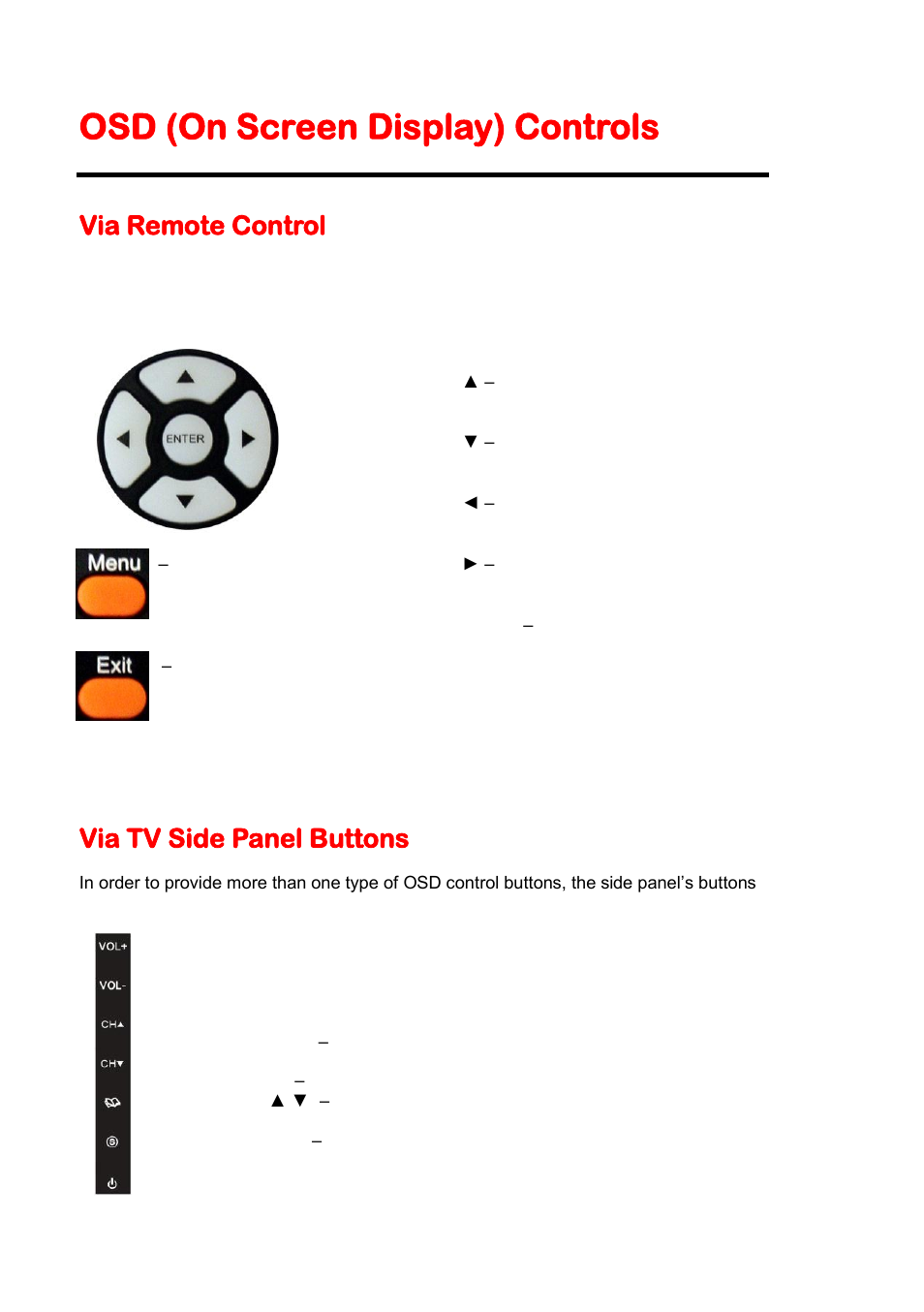 Osd (on screen display) controls, Via remote control, Via tv side panel buttons | Sceptre X405BV-FHD3 User Manual | Page 24 / 51