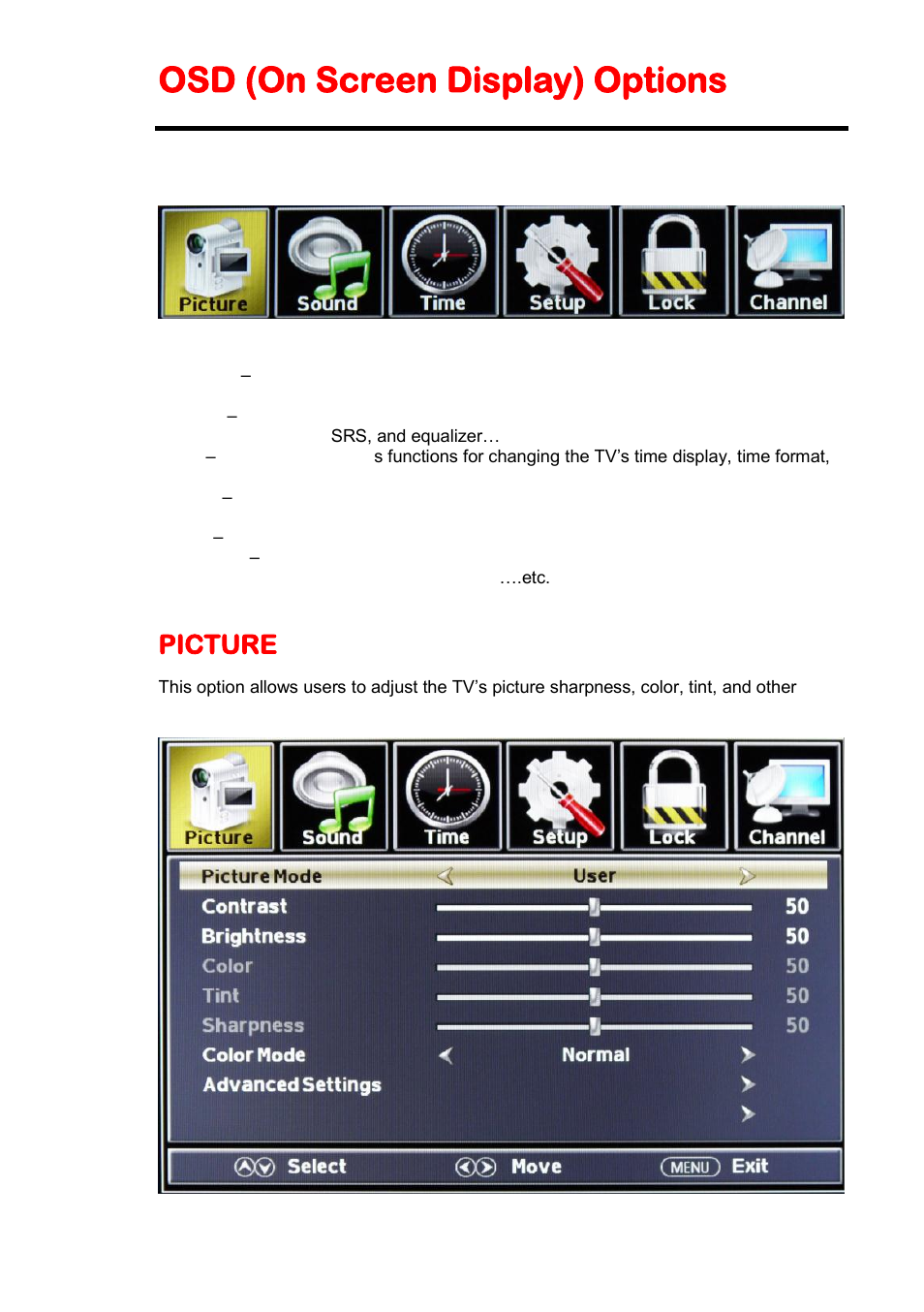 Osd (on screen display) options, Picture | Sceptre X405BV-FHD3 User Manual | Page 25 / 51