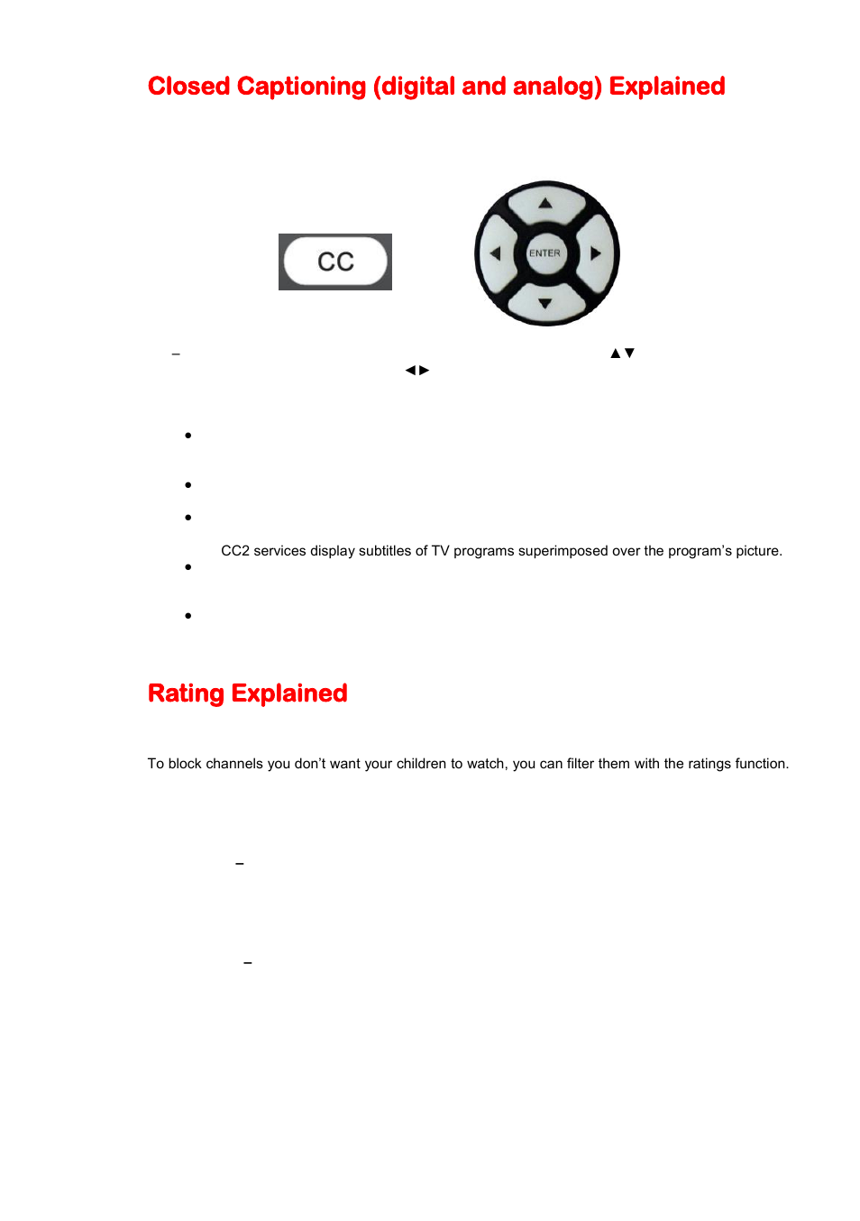 Closed captioning (digital and analog) explained, Rating explained | Sceptre X405BV-FHD3 User Manual | Page 37 / 51