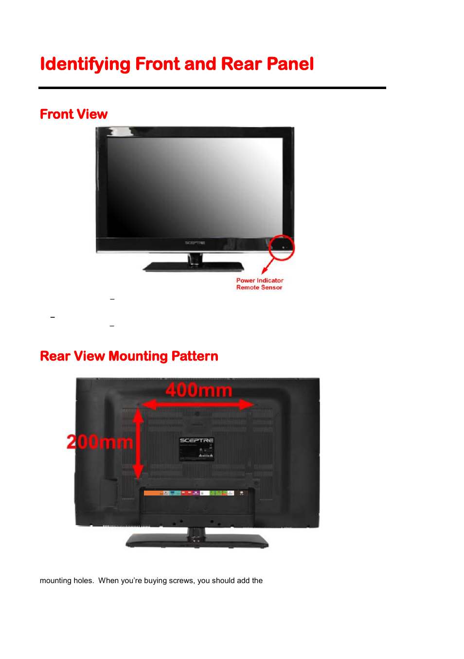 Identifying front and rear panel, Front view, Rear view mounting pattern | Sceptre X405BV-FMDU User Manual | Page 10 / 56