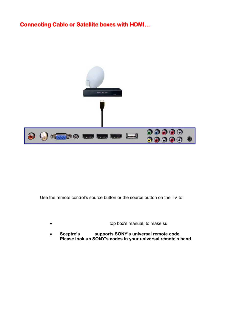 Connecting cable or satellite boxes with hdmi | Sceptre X405BV-FMDU User Manual | Page 20 / 56