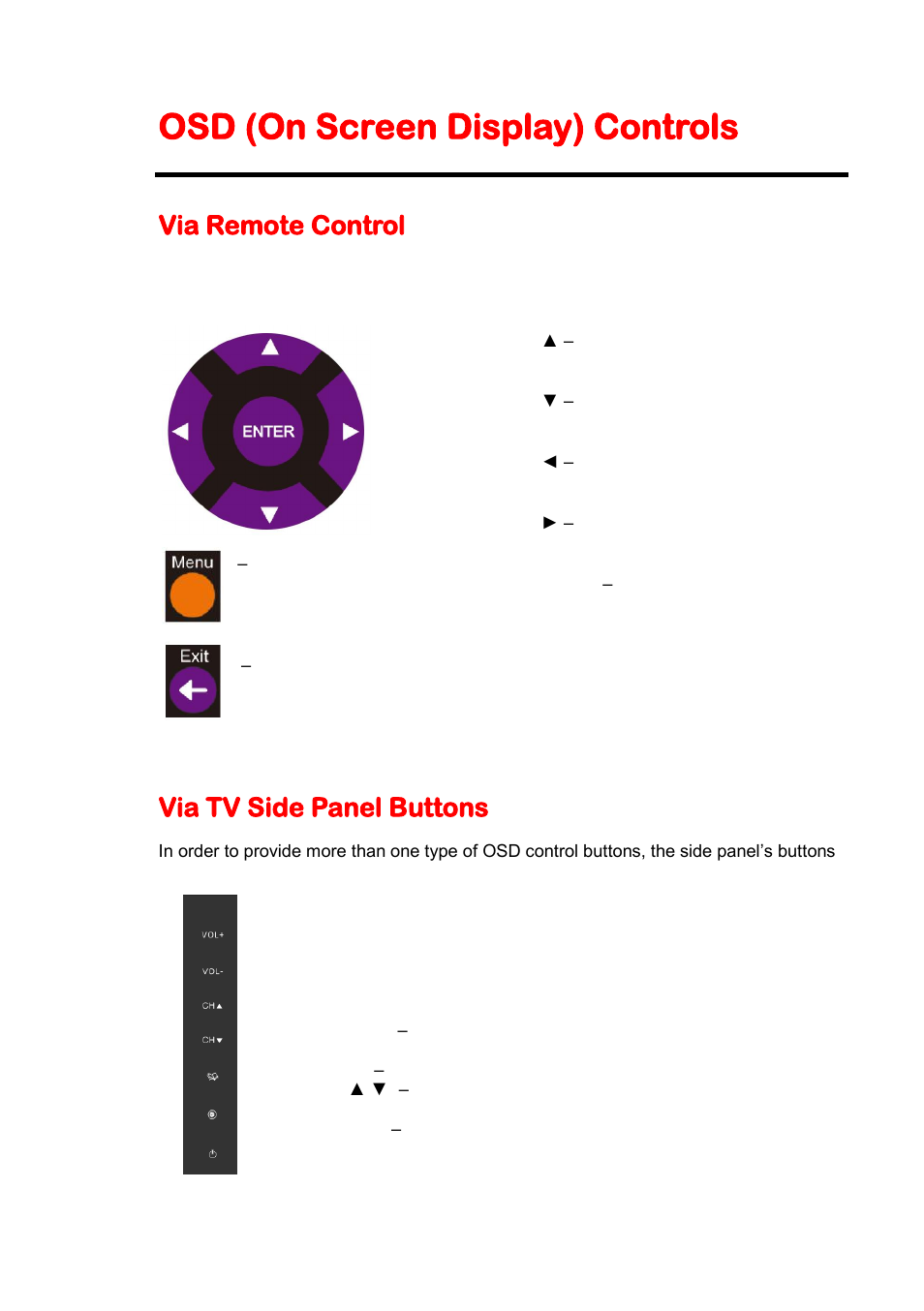 Osd (on screen display) controls, Via remote control, Via tv side panel buttons | Sceptre X405BV-FMDU User Manual | Page 25 / 56