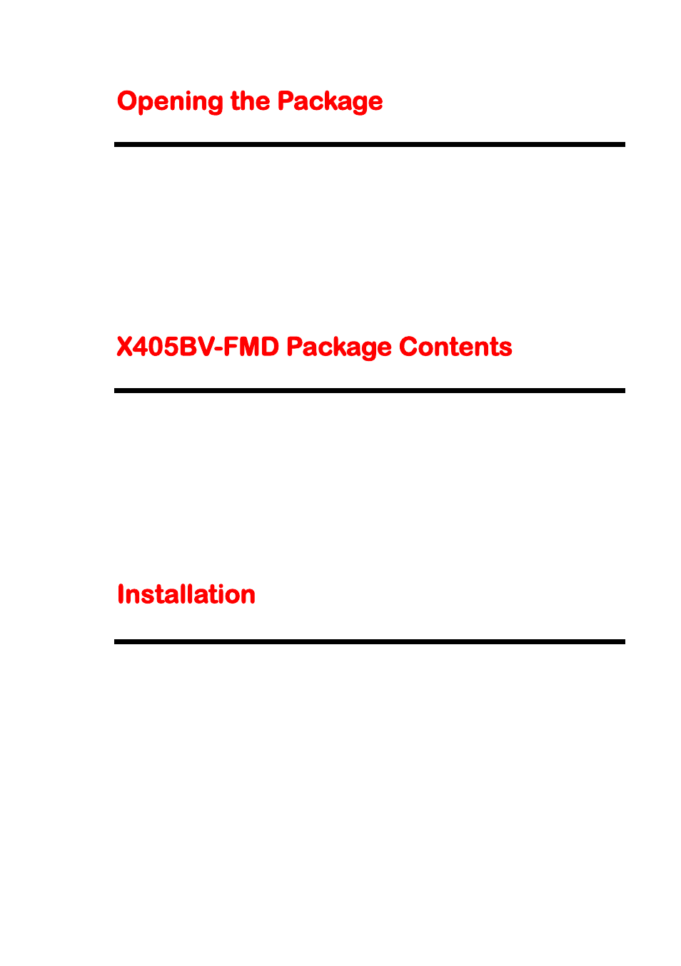 Opening the package, X405bv-fmd package contents, Installation | Sceptre X405BV-FMDU User Manual | Page 7 / 56