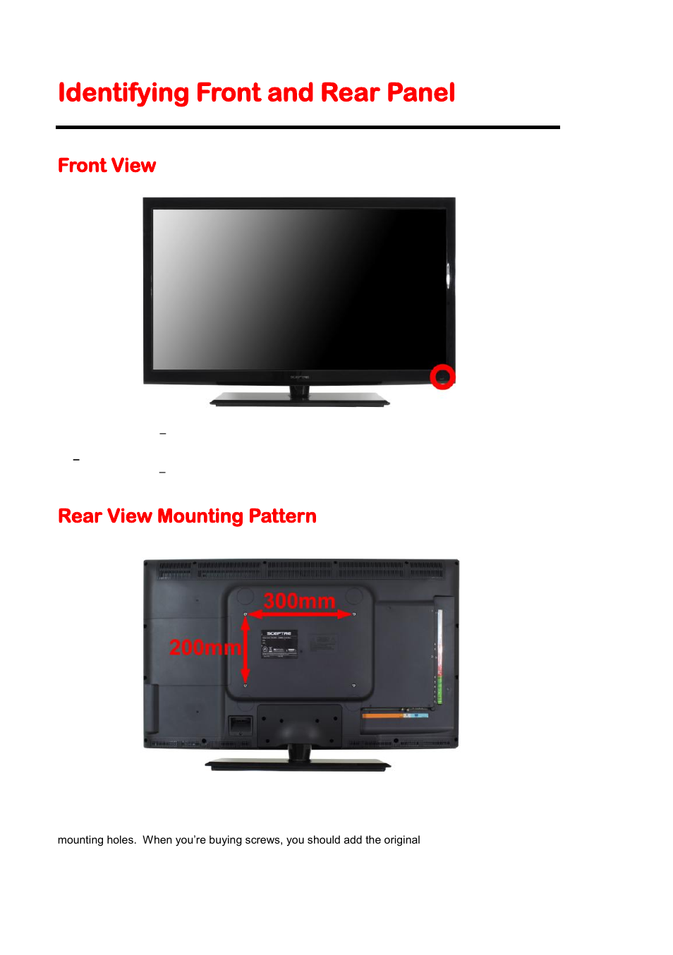 Identifying front and rear panel, Front view, Rear view mounting pattern | Sceptre X409BV-FHDU User Manual | Page 10 / 52
