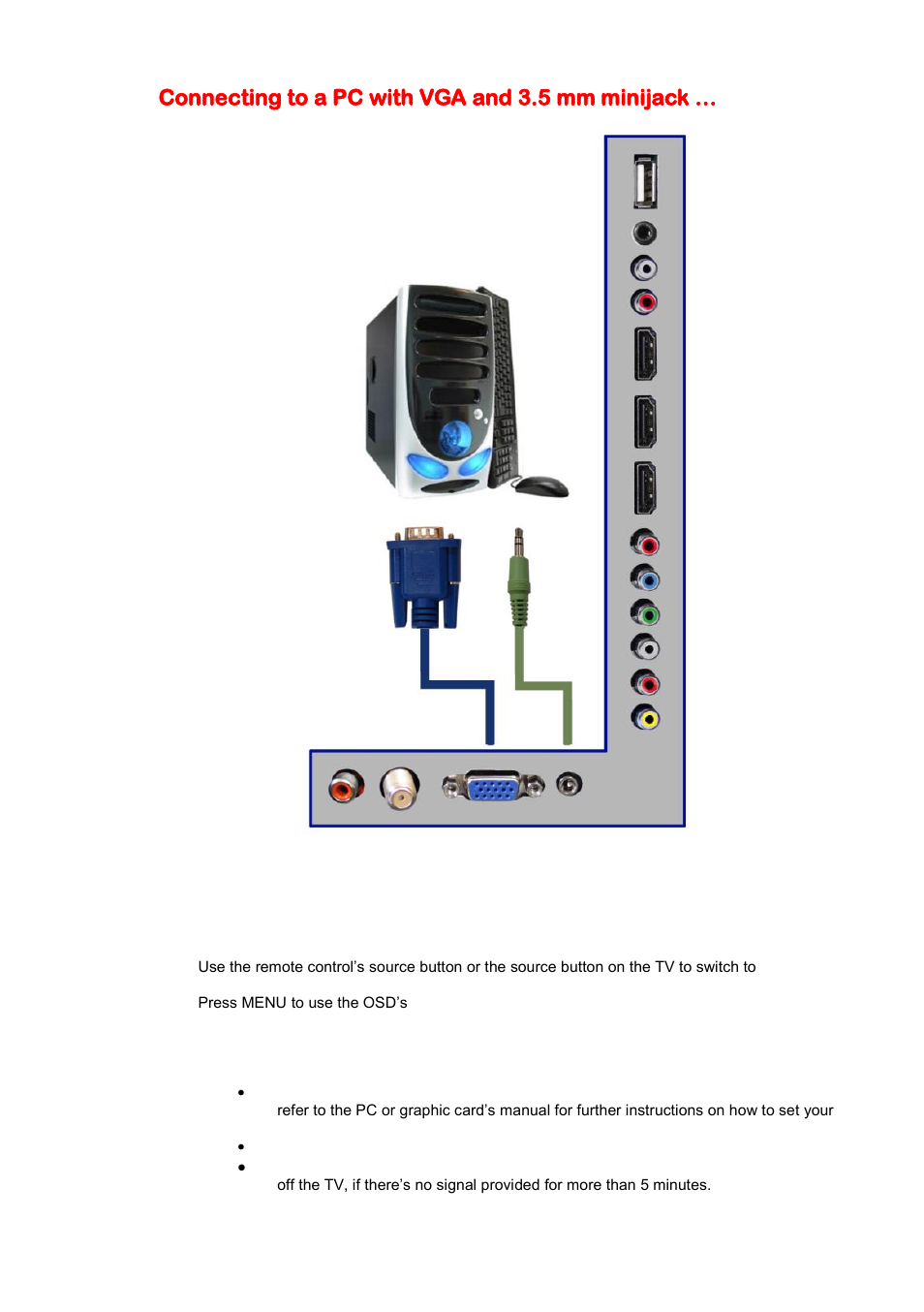 Connecting to a pc with vga and 3.5 mm minijack | Sceptre X409BV-FHDU User Manual | Page 21 / 52