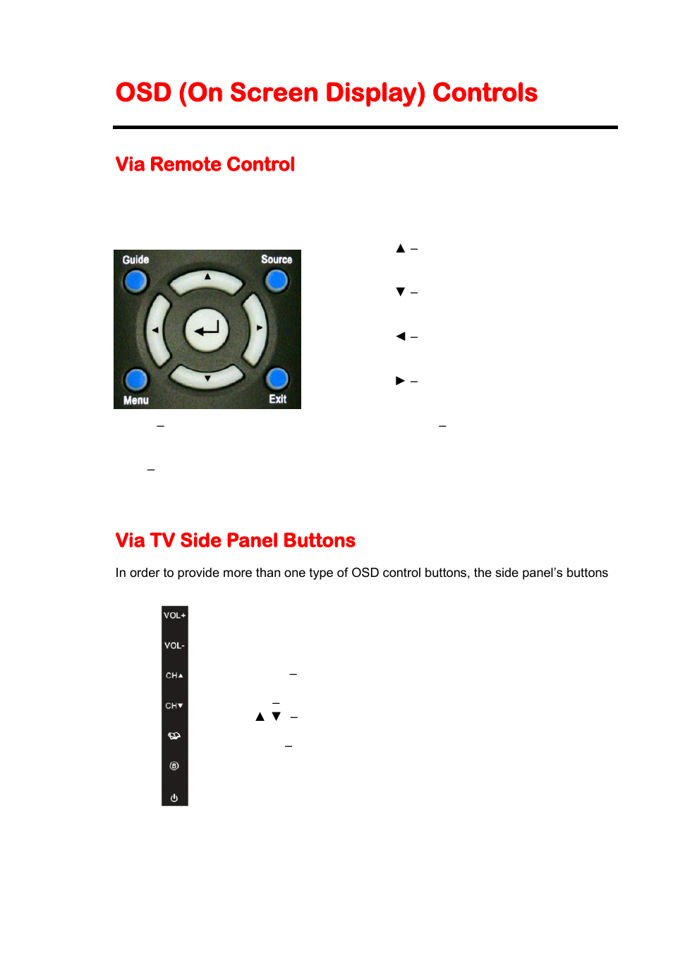 Osd (on screen display) controls, Via remote control, Via tv side panel buttons | Sceptre X409BV-FHDU User Manual | Page 25 / 52