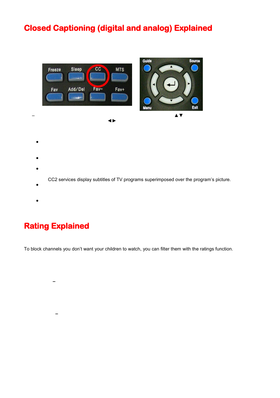Closed captioning (digital and analog) explained, Rating explained | Sceptre X409BV-FHDU User Manual | Page 38 / 52