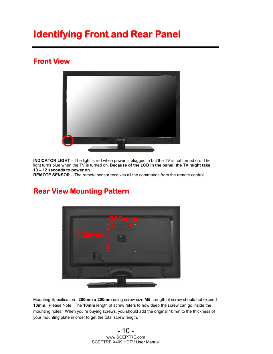 Identifying front and rear panel, 200mm, Front view | Rear view mounting pattern | Sceptre X408BV-FHD User Manual | Page 10 / 51