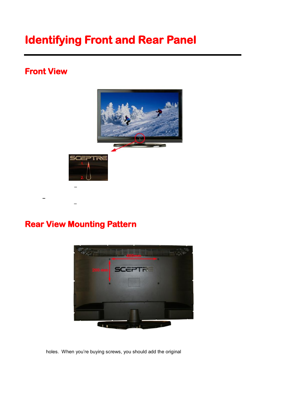 Identifying front and rear panel, Front view, Rear view mounting pattern | Sceptre X420BV-F120 User Manual | Page 10 / 52