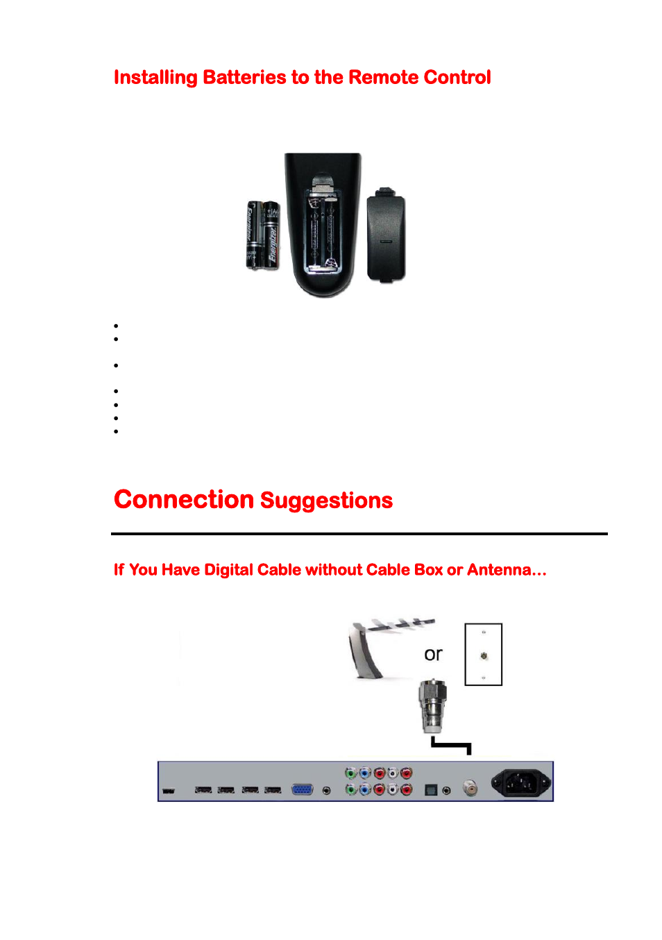 Installing batteries to the remote control, Connection suggestions, Connection | Suggestions | Sceptre X420BV-F120 User Manual | Page 17 / 52