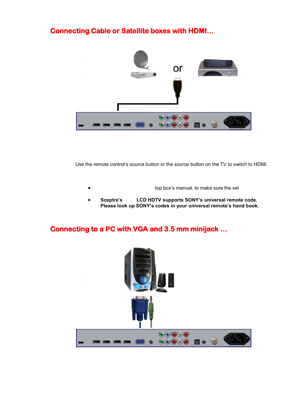 Connecting cable or satellite boxes with hdmi, Connecting to a pc with vga and 3.5 mm minijack | Sceptre X420BV-F120 User Manual | Page 21 / 52