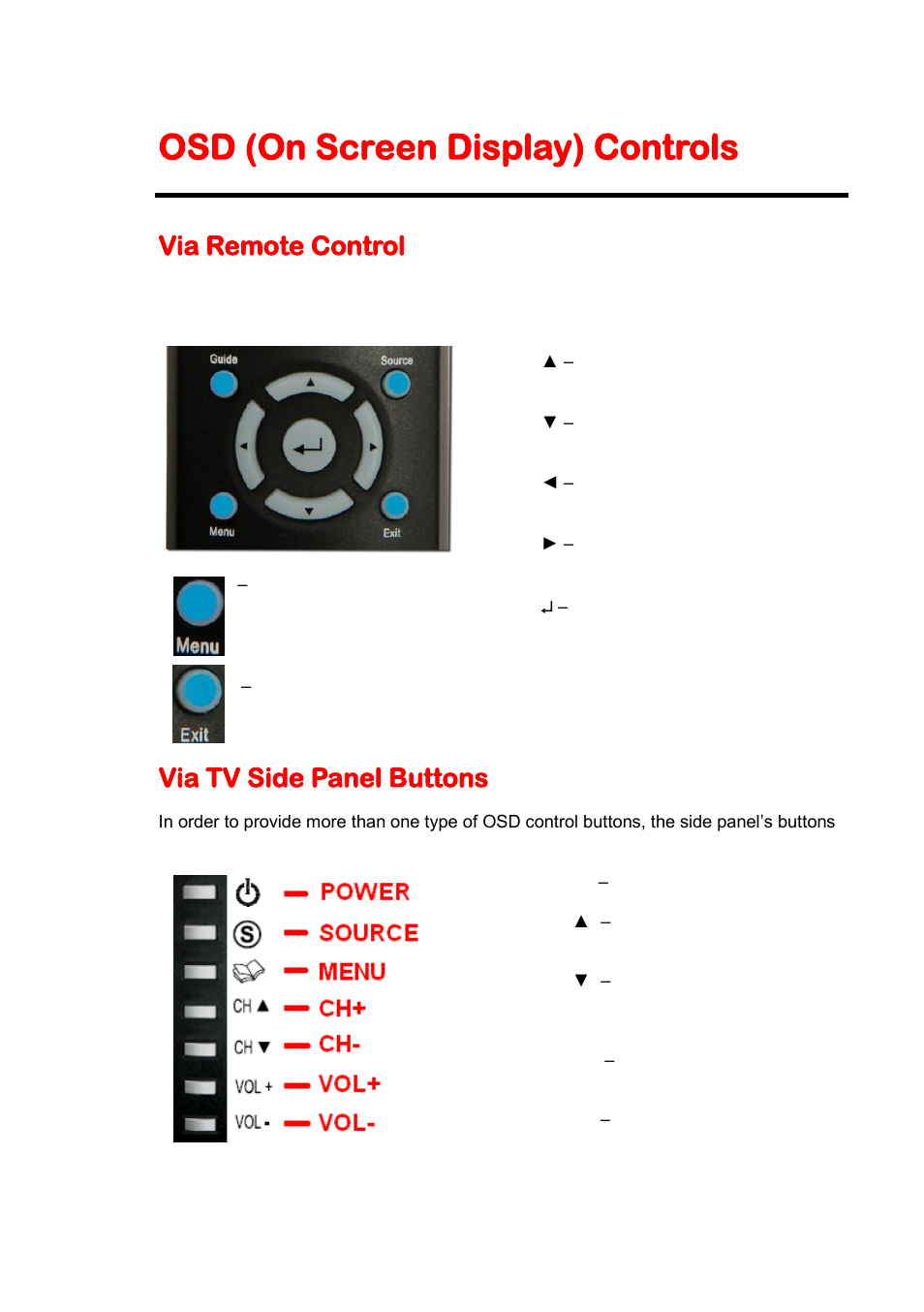 Osd (on screen display) controls, Via remote control, Via tv side panel buttons | Sceptre X420BV-F120 User Manual | Page 25 / 52
