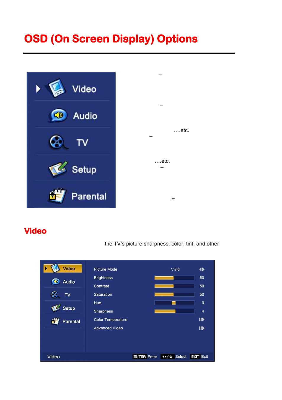 Osd (on screen display) options, Video | Sceptre X420BV-F120 User Manual | Page 26 / 52