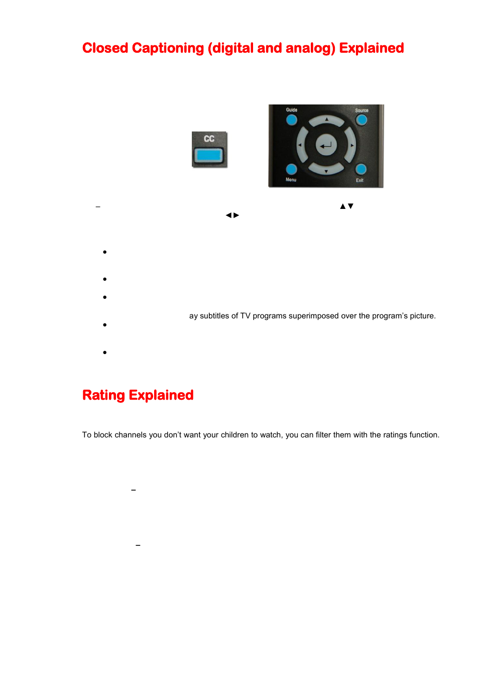 Closed captioning (digital and analog) explained, Rating explained | Sceptre X420BV-F120 User Manual | Page 39 / 52