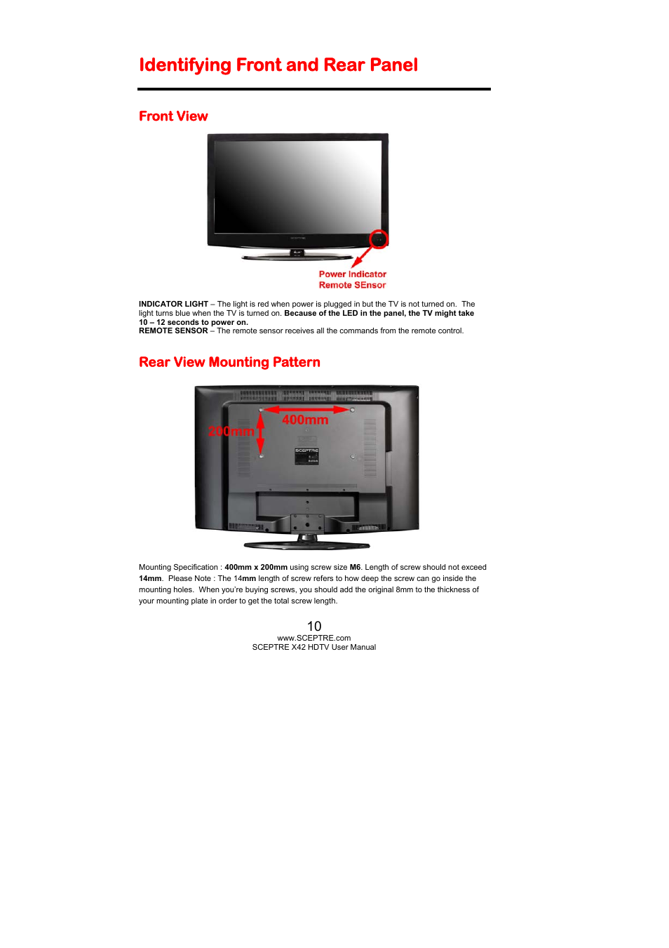 Identifying front and rear panel, Front view, Rear view mounting pattern | Sceptre X420BV-FHD User Manual | Page 10 / 54