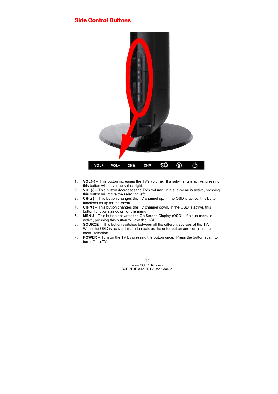 Side control buttons | Sceptre X420BV-FHD User Manual | Page 11 / 54