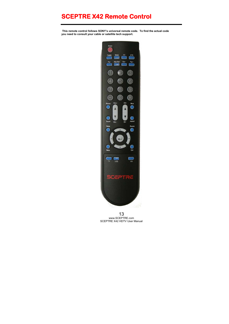 Sceptre x42 remote control | Sceptre X420BV-FHD User Manual | Page 13 / 54