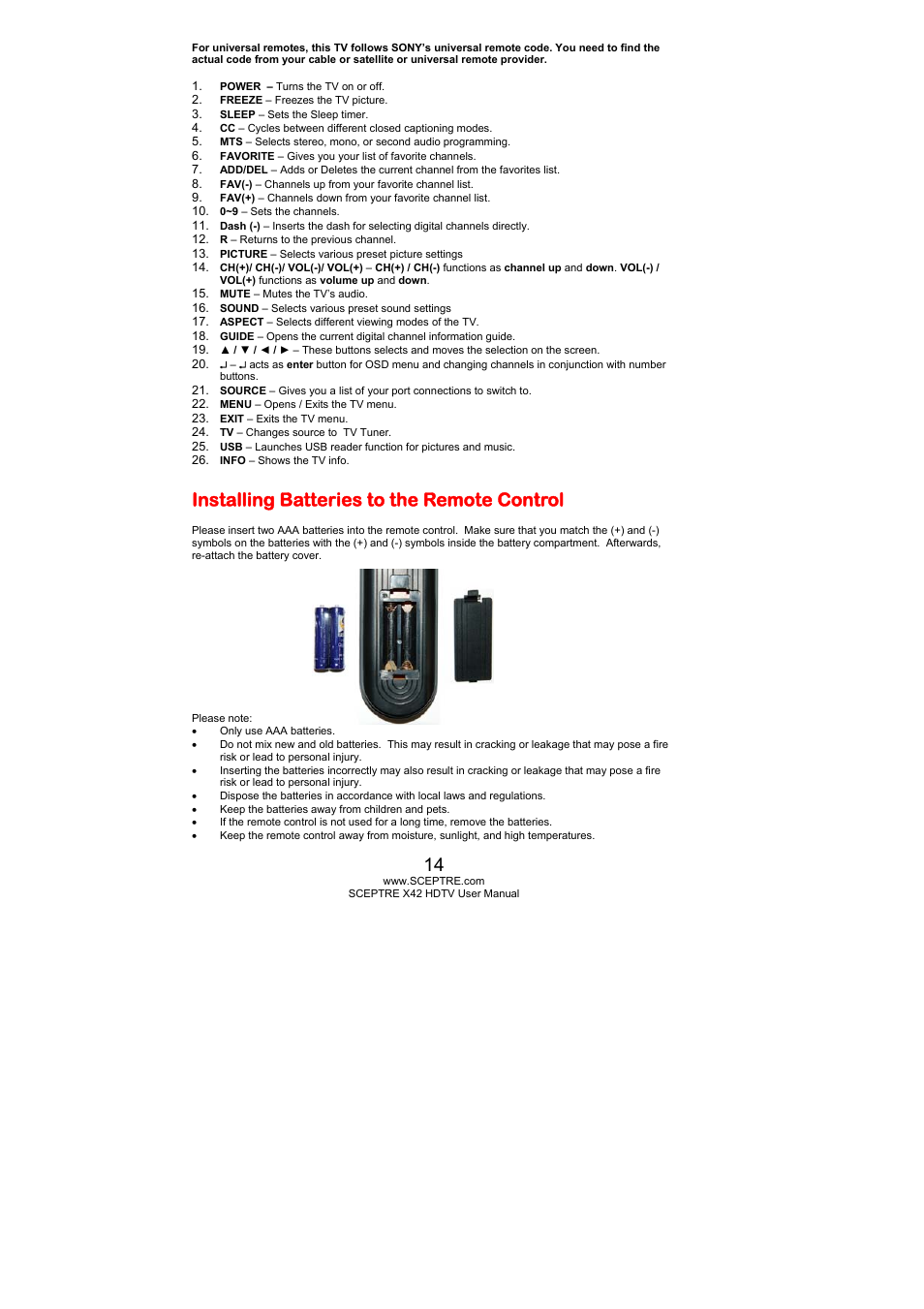 Installing batteries to the remote control | Sceptre X420BV-FHD User Manual | Page 14 / 54
