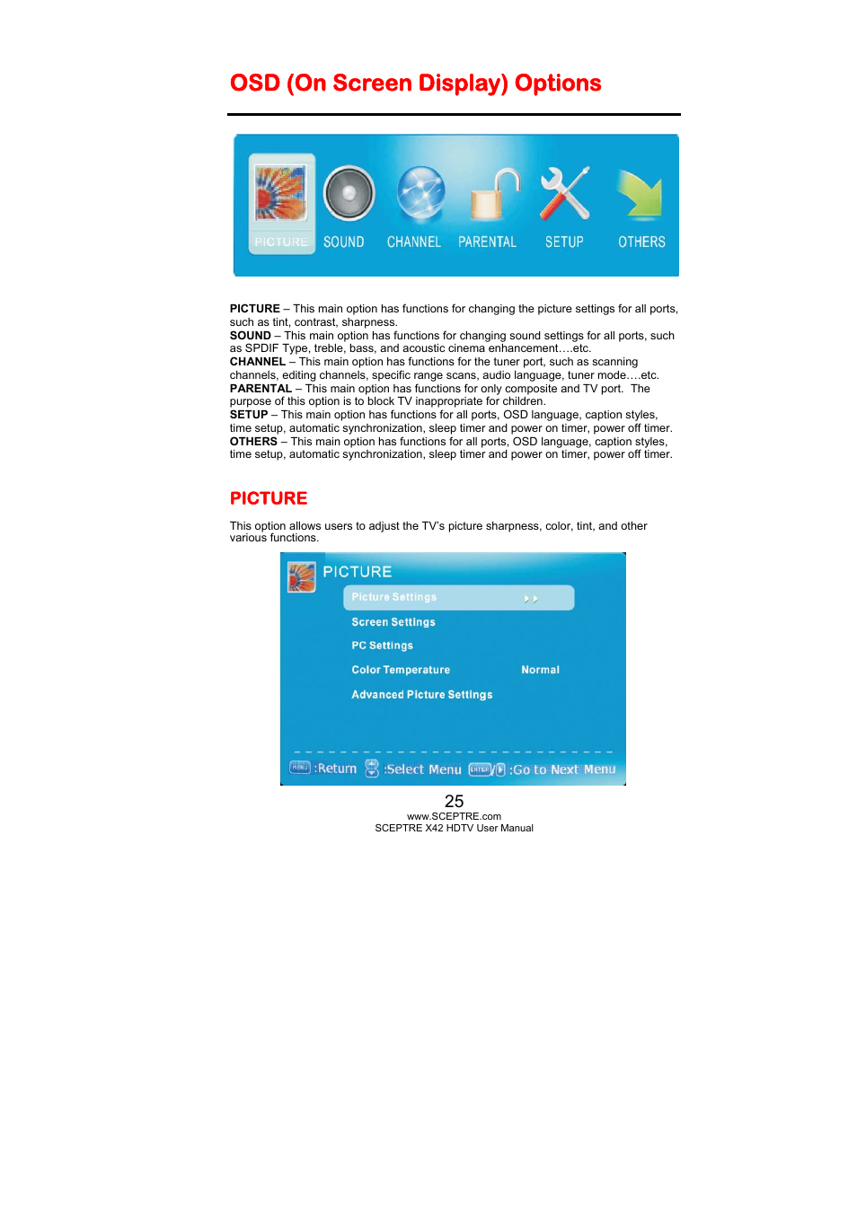 Osd (on screen display) options, Picture | Sceptre X420BV-FHD User Manual | Page 25 / 54