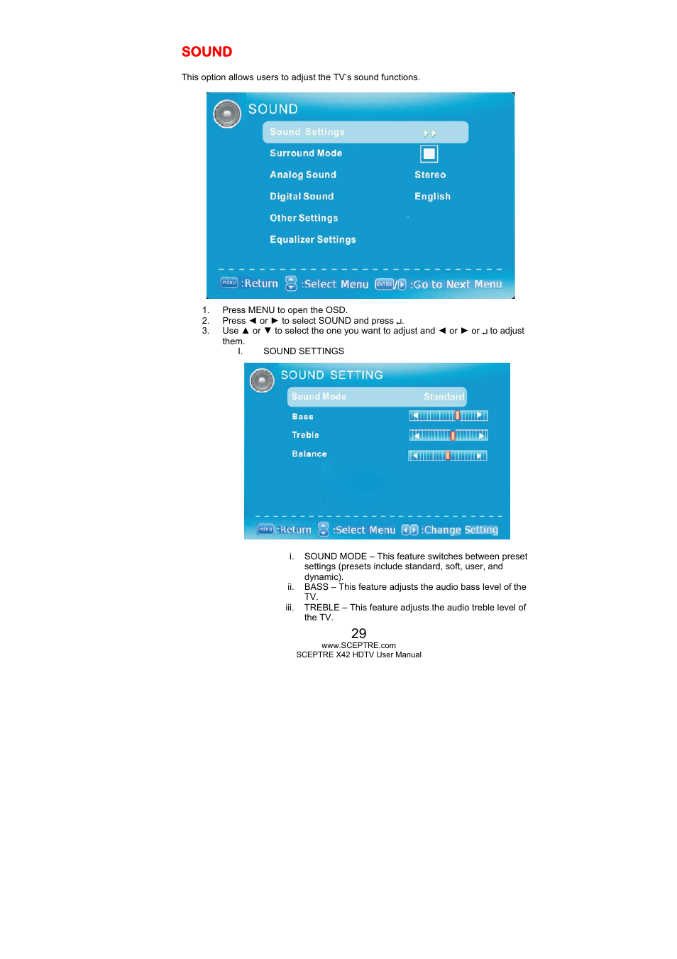 Sound | Sceptre X420BV-FHD User Manual | Page 29 / 54