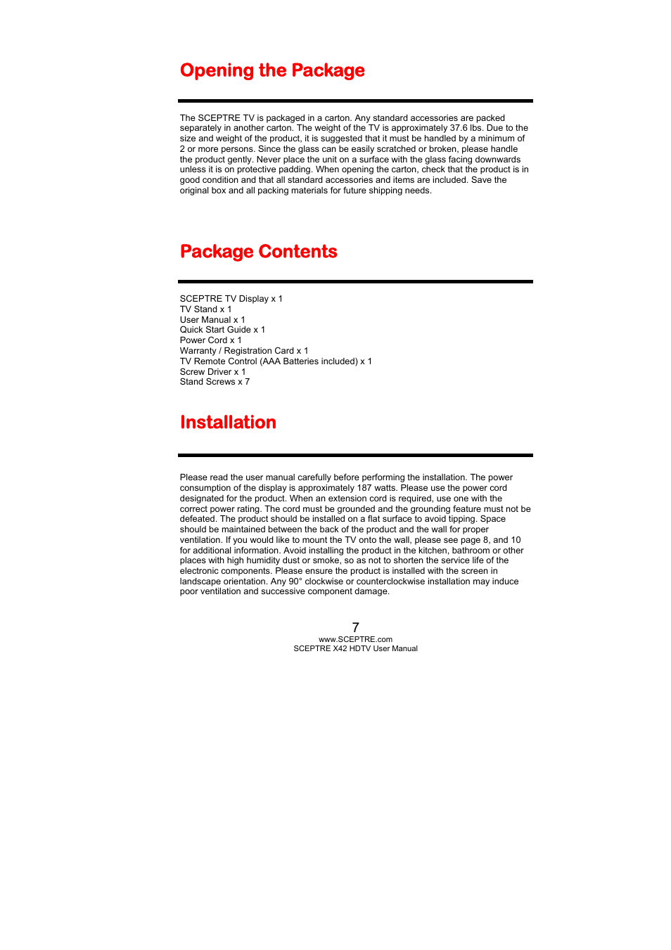 Opening the package, Package contents, Installation | Sceptre X420BV-FHD User Manual | Page 7 / 54