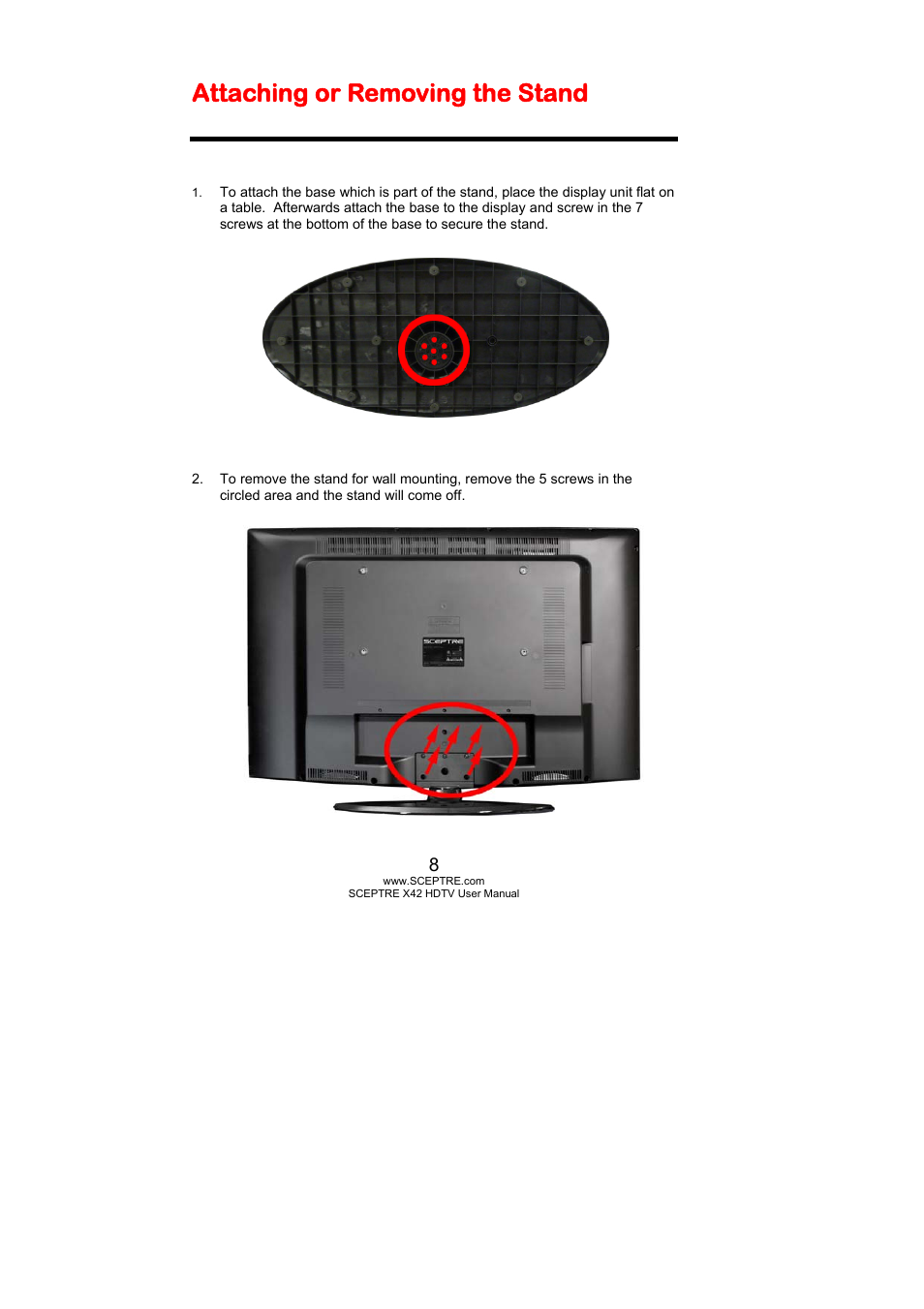 Attaching or removing the stand | Sceptre X420BV-FHD User Manual | Page 8 / 54