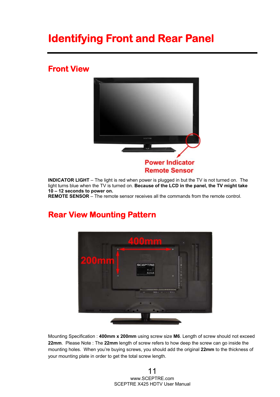 Identifying front and rear panel, Front view, Rear view mounting pattern | Sceptre X425BV-FHD3 User Manual | Page 11 / 55