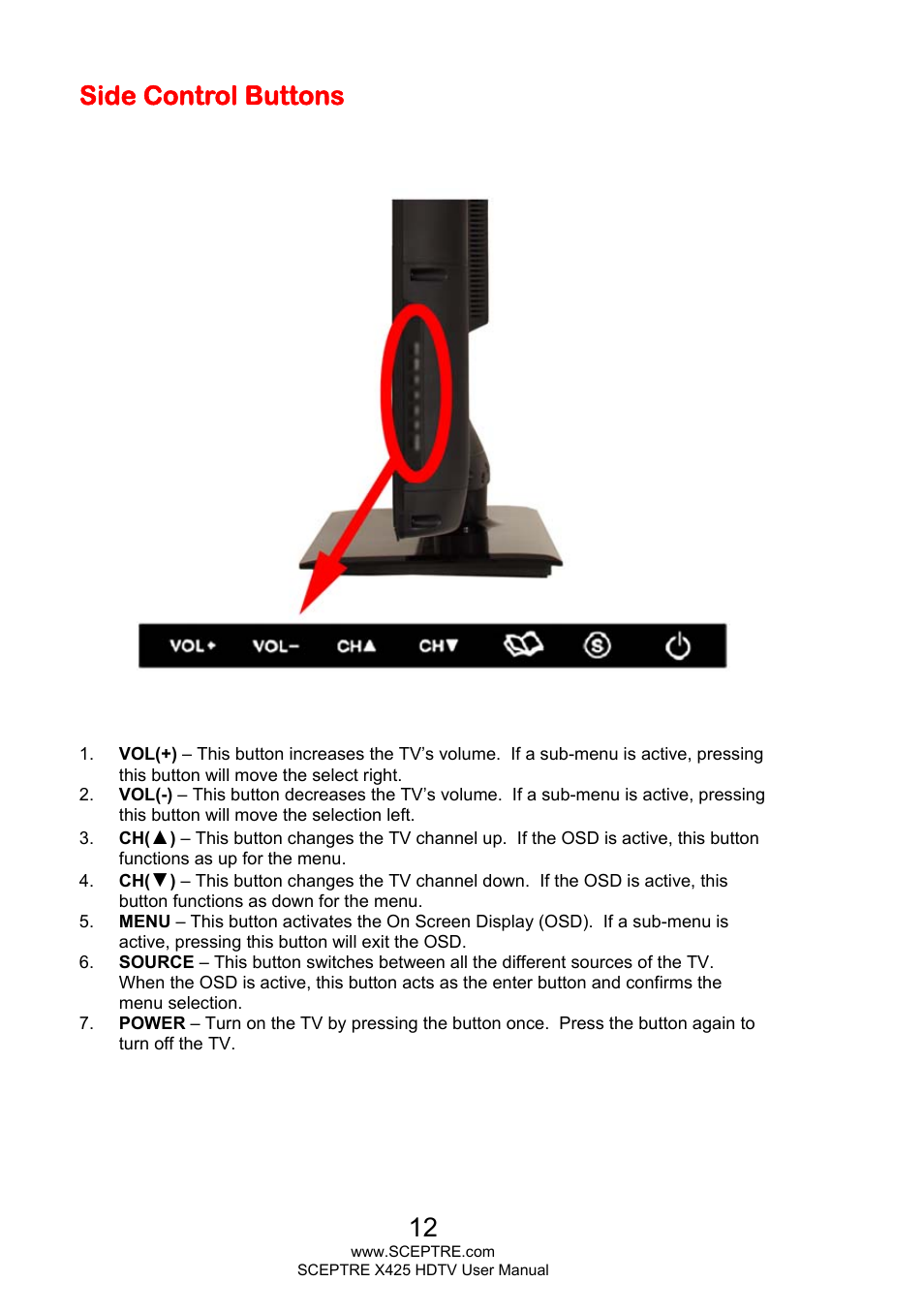 Side control buttons | Sceptre X425BV-FHD3 User Manual | Page 12 / 55