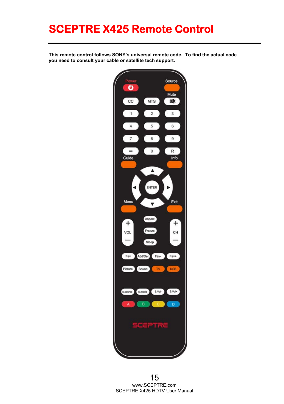 Sceptre x425 remote control | Sceptre X425BV-FHD3 User Manual | Page 15 / 55