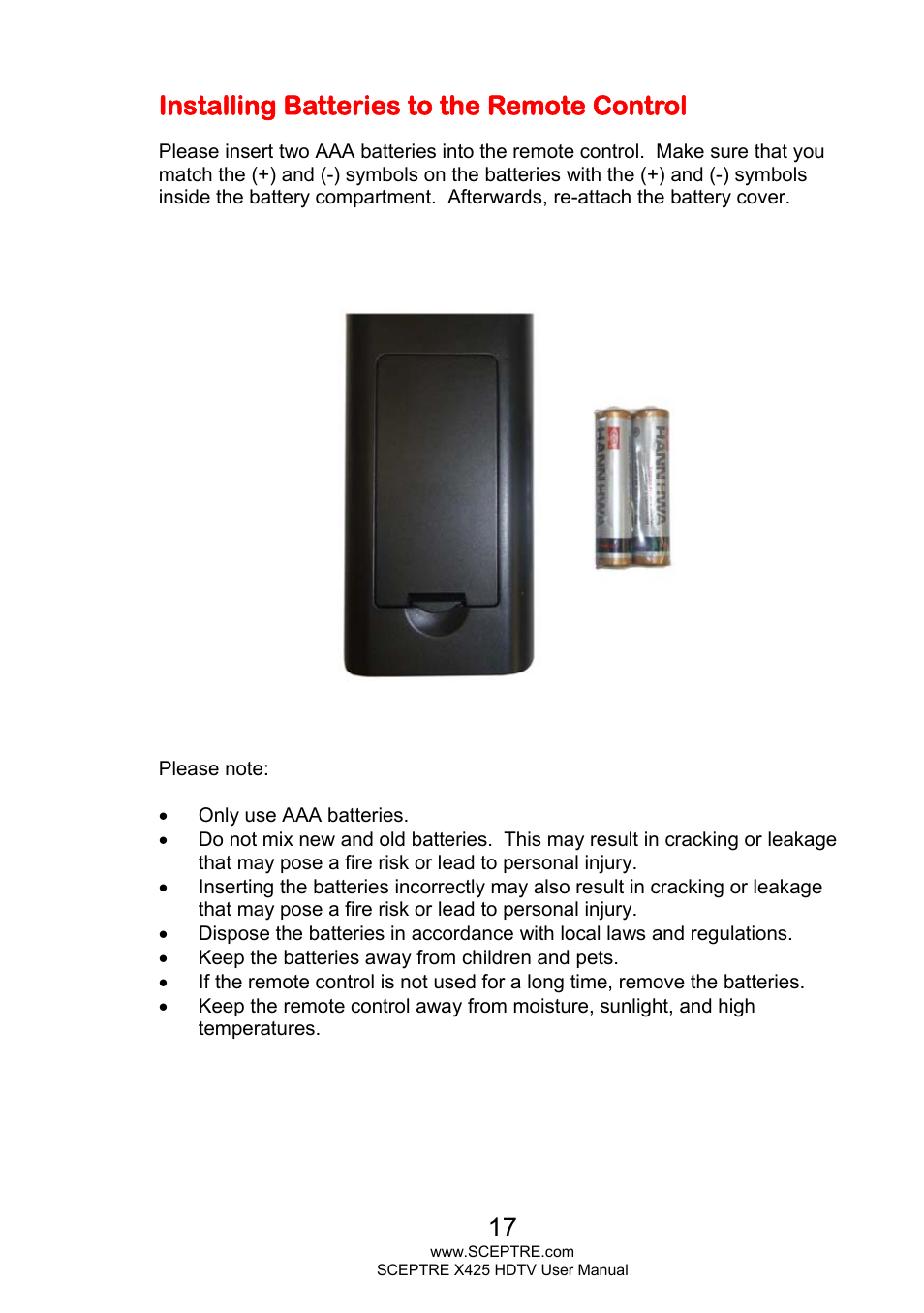 Installing batteries to the remote control | Sceptre X425BV-FHD3 User Manual | Page 17 / 55