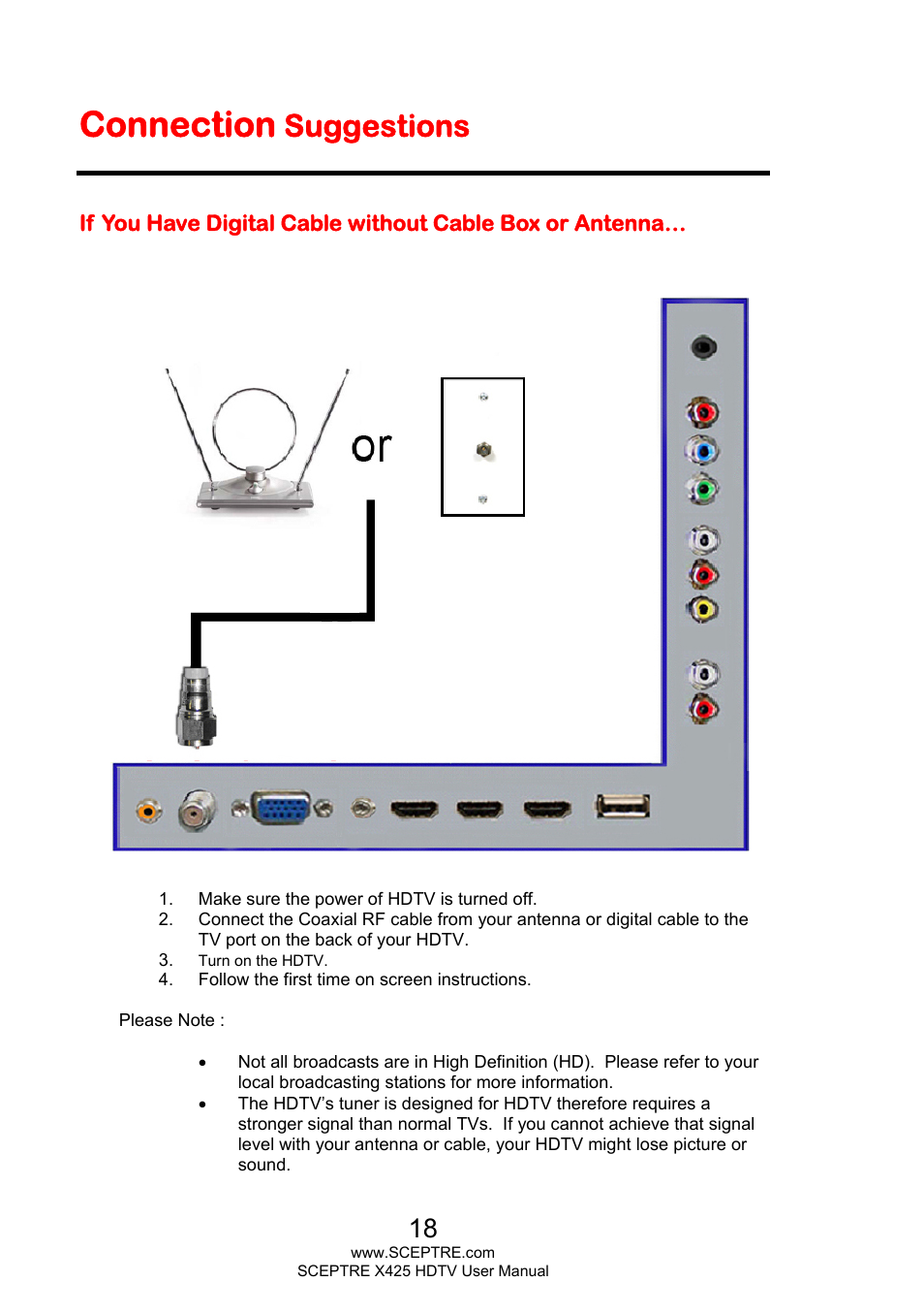 Connection, Suggestions | Sceptre X425BV-FHD3 User Manual | Page 18 / 55
