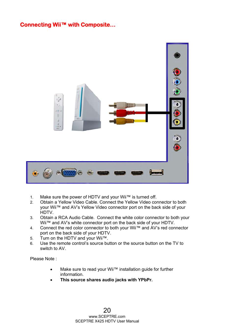 Connecting wii™ with composite | Sceptre X425BV-FHD3 User Manual | Page 20 / 55