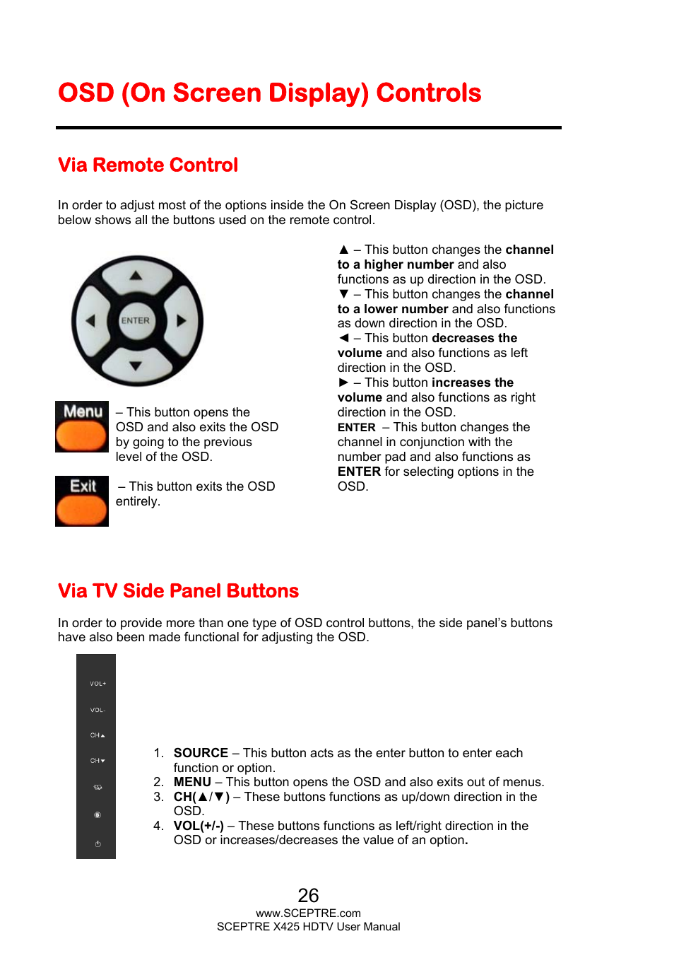 Osd (on screen display) controls, Via remote control, Via tv side panel buttons | Sceptre X425BV-FHD3 User Manual | Page 26 / 55