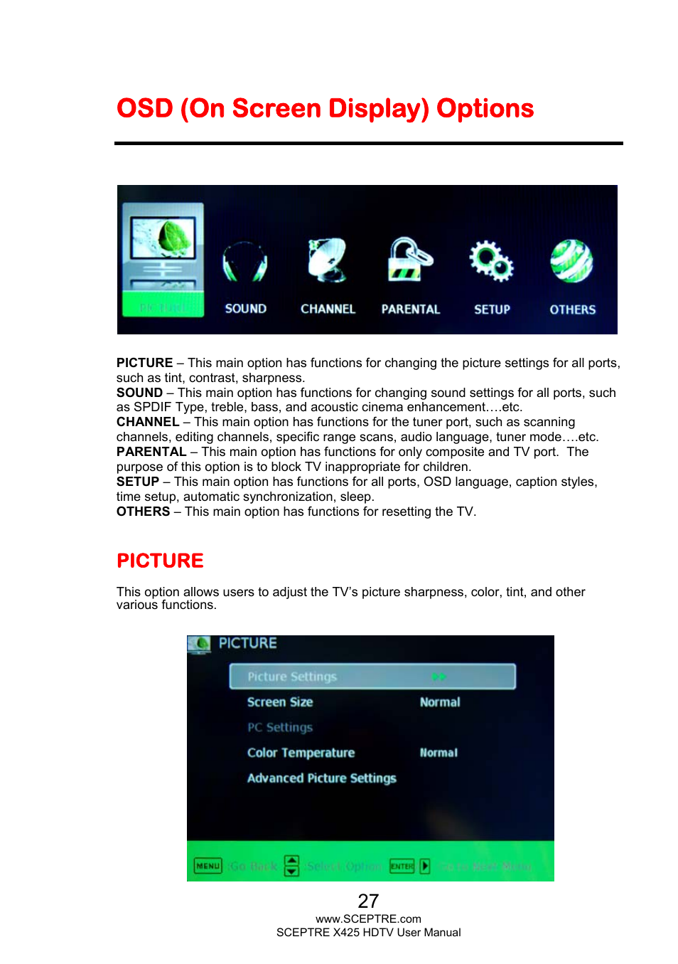 Osd (on screen display) options, Picture | Sceptre X425BV-FHD3 User Manual | Page 27 / 55