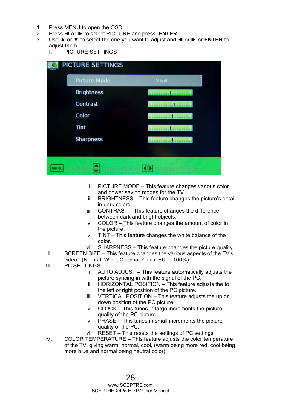 Sceptre X425BV-FHD3 User Manual | Page 28 / 55