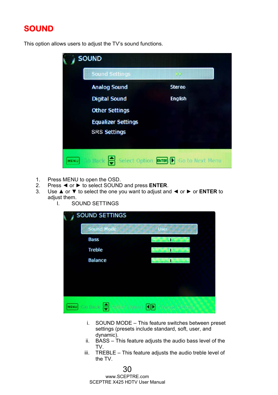 Sound | Sceptre X425BV-FHD3 User Manual | Page 30 / 55