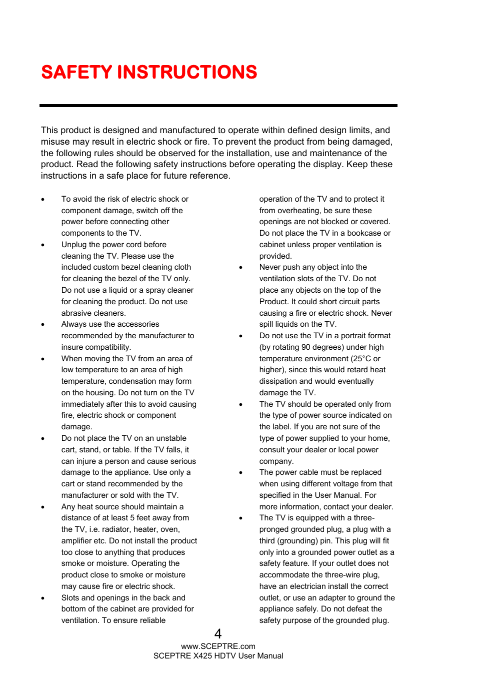 Safety instructions | Sceptre X425BV-FHD3 User Manual | Page 4 / 55