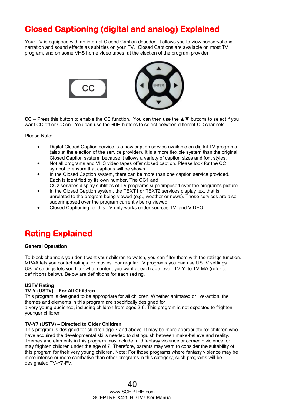 Closed captioning (digital and analog) explained, Rating explained | Sceptre X425BV-FHD3 User Manual | Page 40 / 55