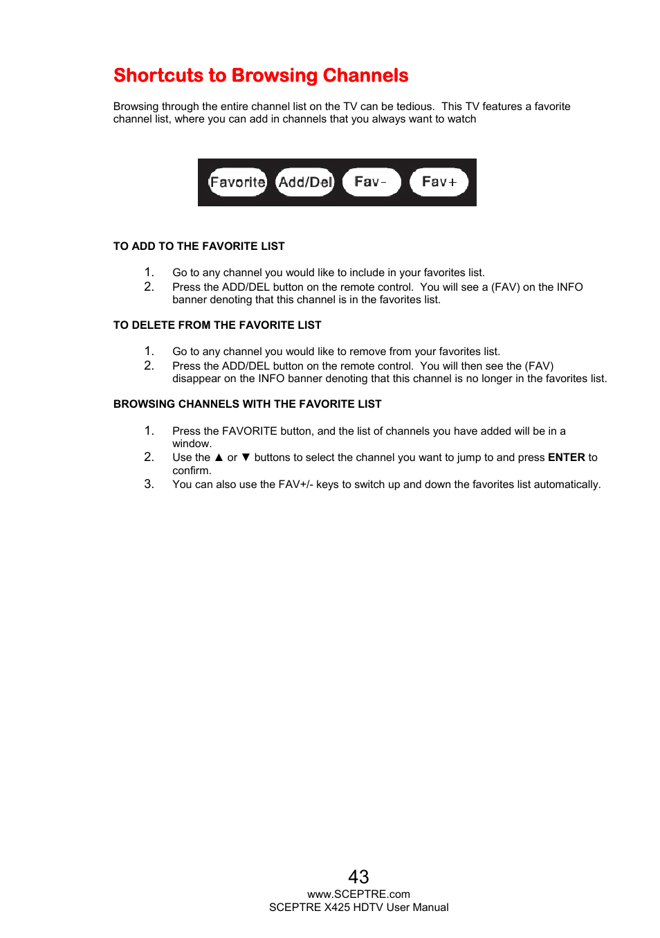 Shortcuts to browsing channels | Sceptre X425BV-FHD3 User Manual | Page 43 / 55