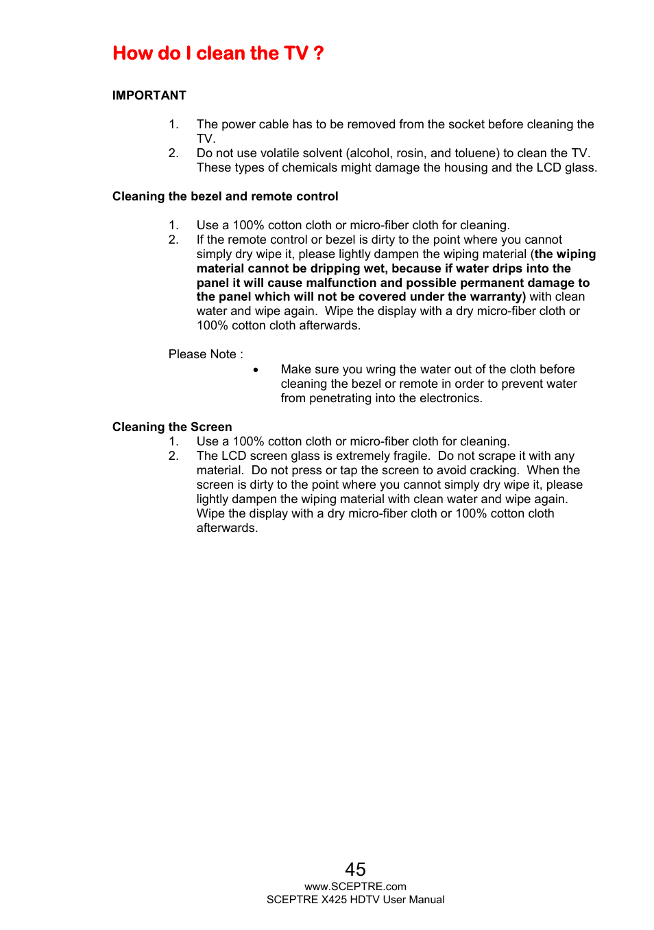 How do i clean the tv | Sceptre X425BV-FHD3 User Manual | Page 45 / 55