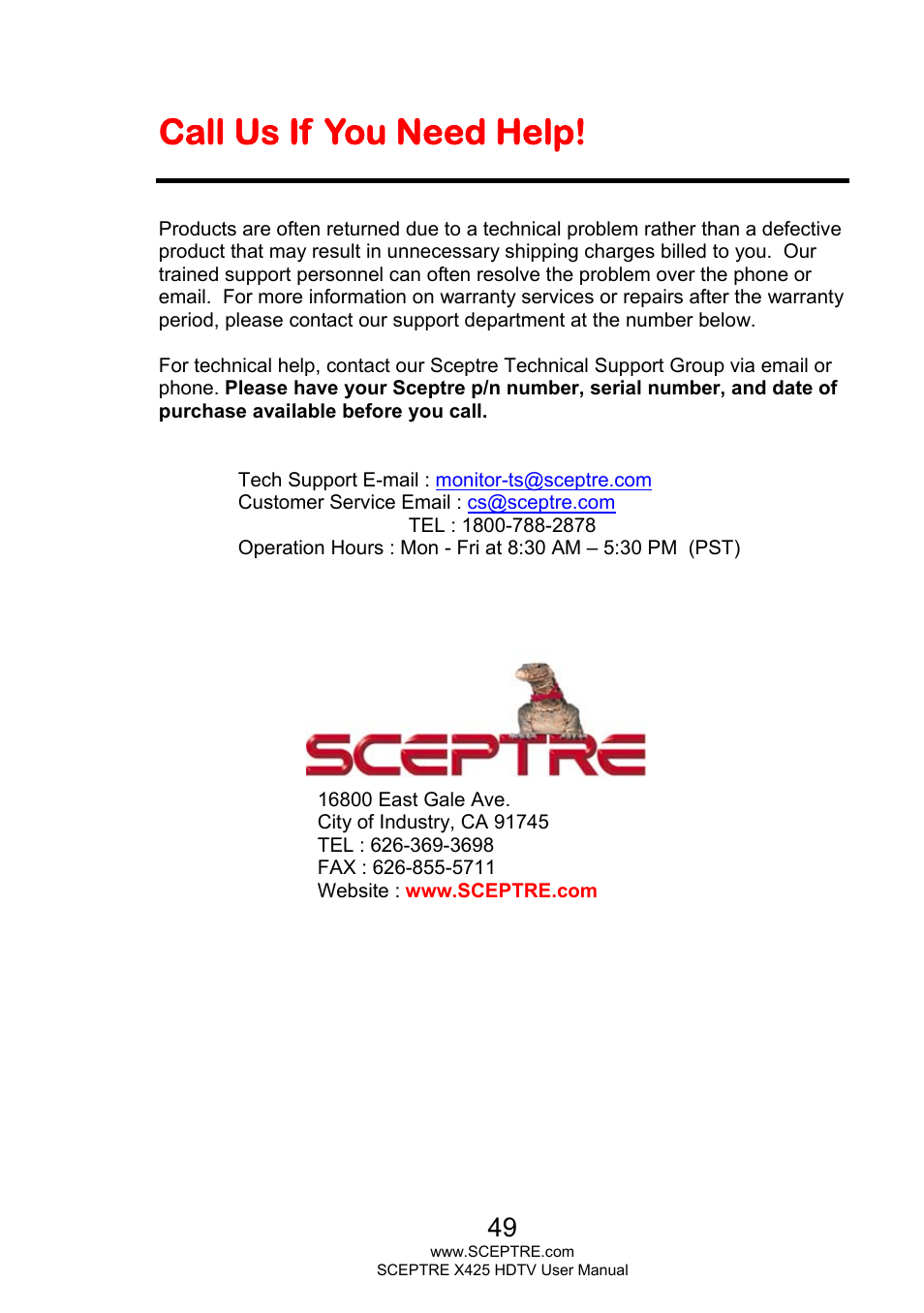 Call us if you need help | Sceptre X425BV-FHD3 User Manual | Page 49 / 55